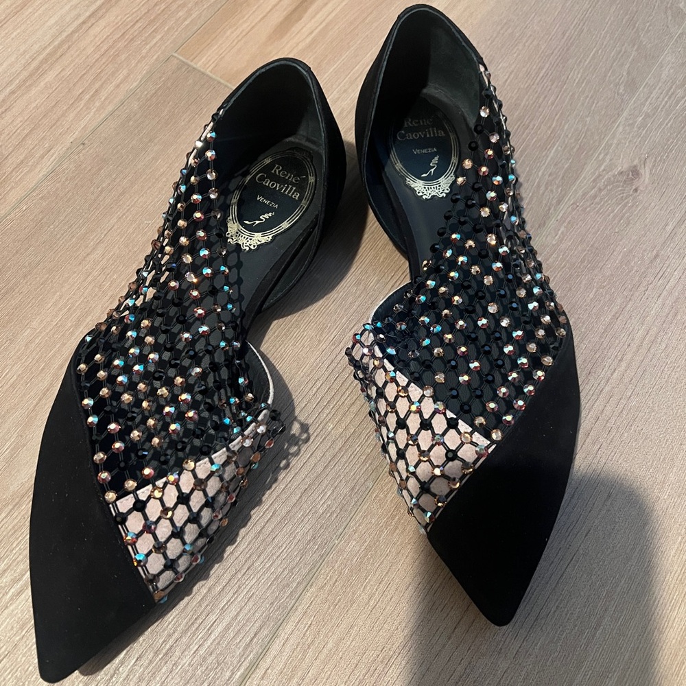 Rene Caovilla Black and Silver Embellished Flats